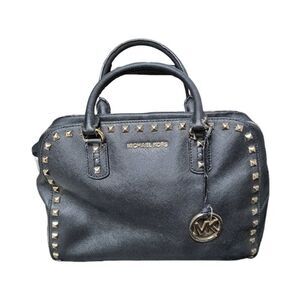 MICHAEL KORS Black Leather Dome Satchel with Gold Studs